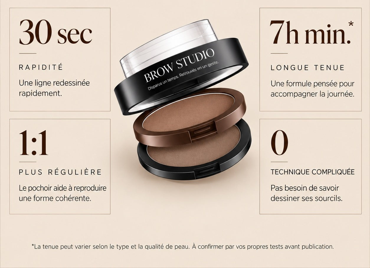 Brow Studio — 30 secondes d'application, 7h de tenue, une ligne régulière grâce au pochoir, aucune technique compliquée